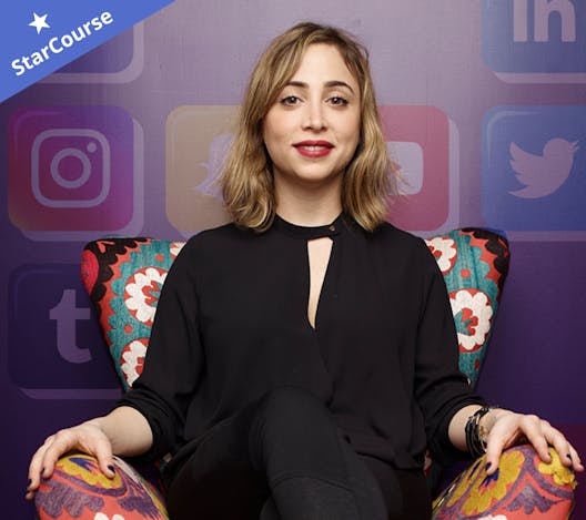 Ayah Bdeir sitting in a patterned chair in front of social media logos Ayah Bdeir sitting in a patterned chair in front of social media logos