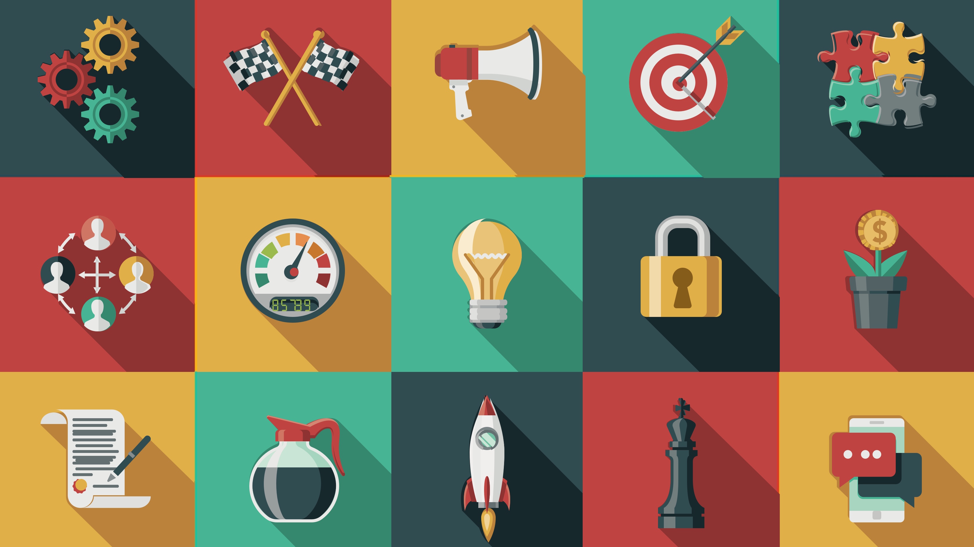 15 colored squares with icons inside