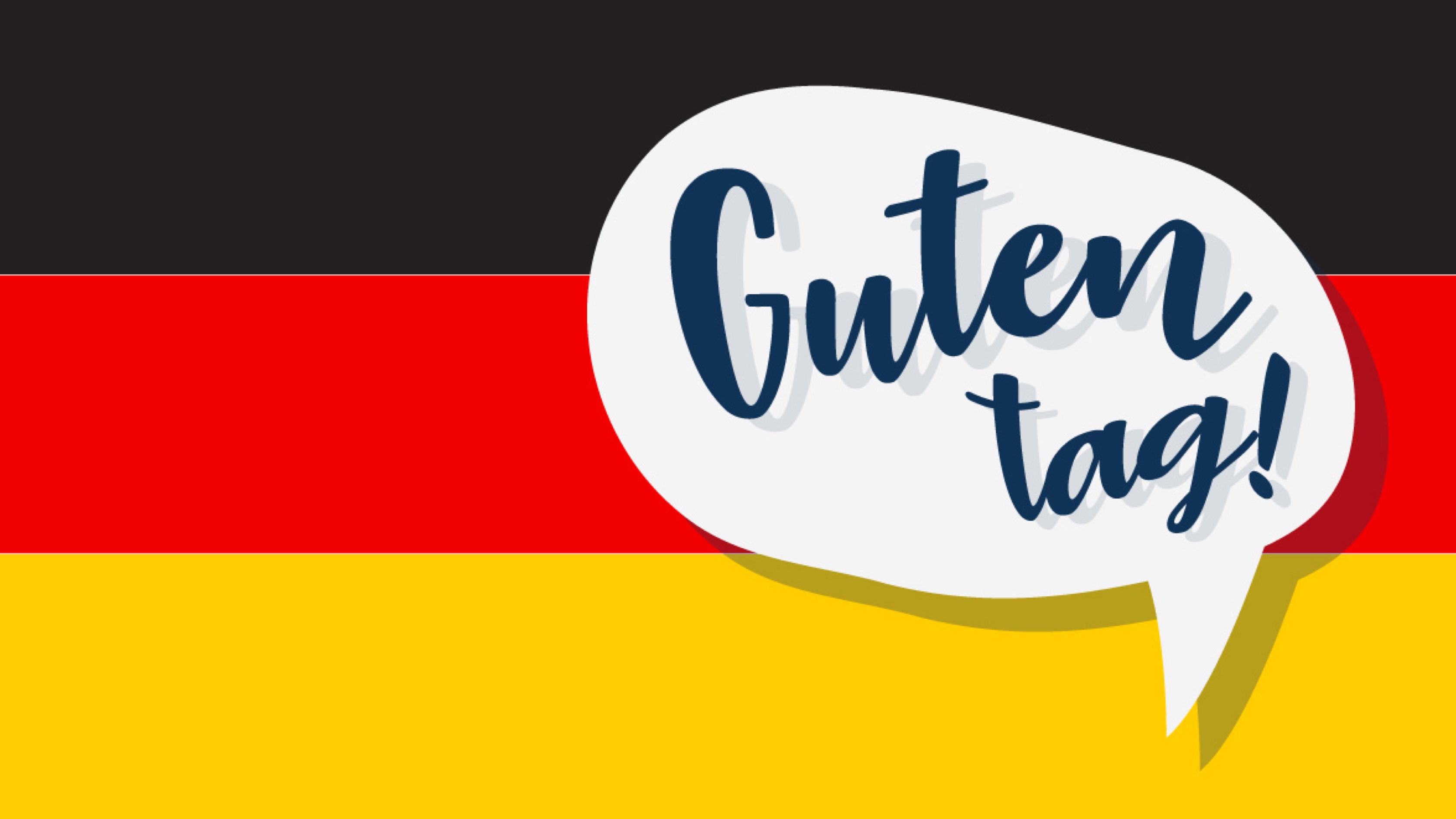 image of the flag of germany with a conversation bubble that reads "guten tag!"