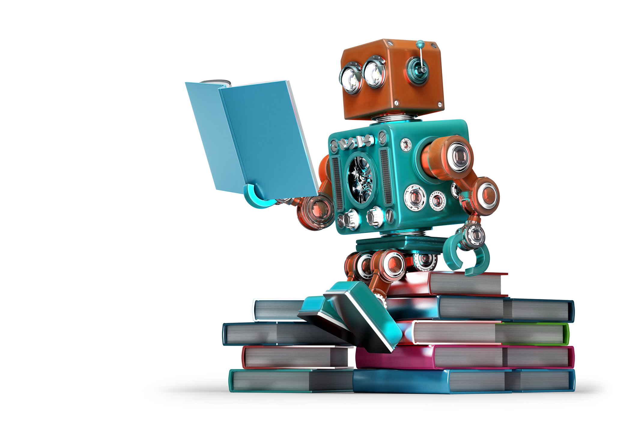 retro robot reading a book