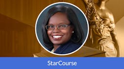 Nareissa Smith with a background of Lady Justice Nareissa Smith with a background of Lady Justice