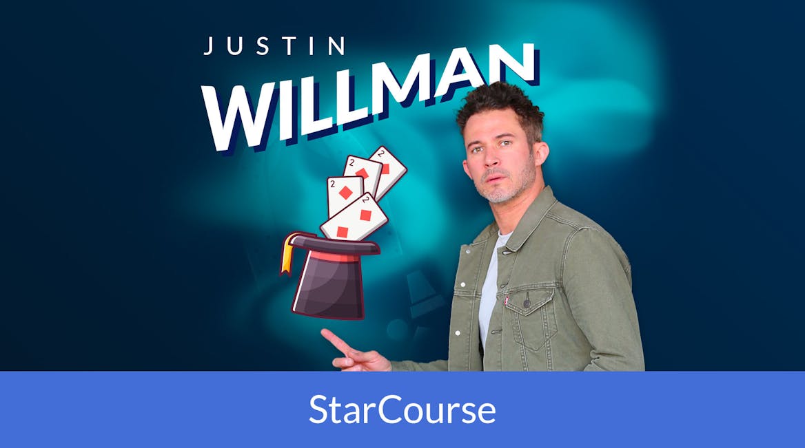 Justin Willman with cartoon cards and magic hat Justin Willman with cartoon cards and magic hat