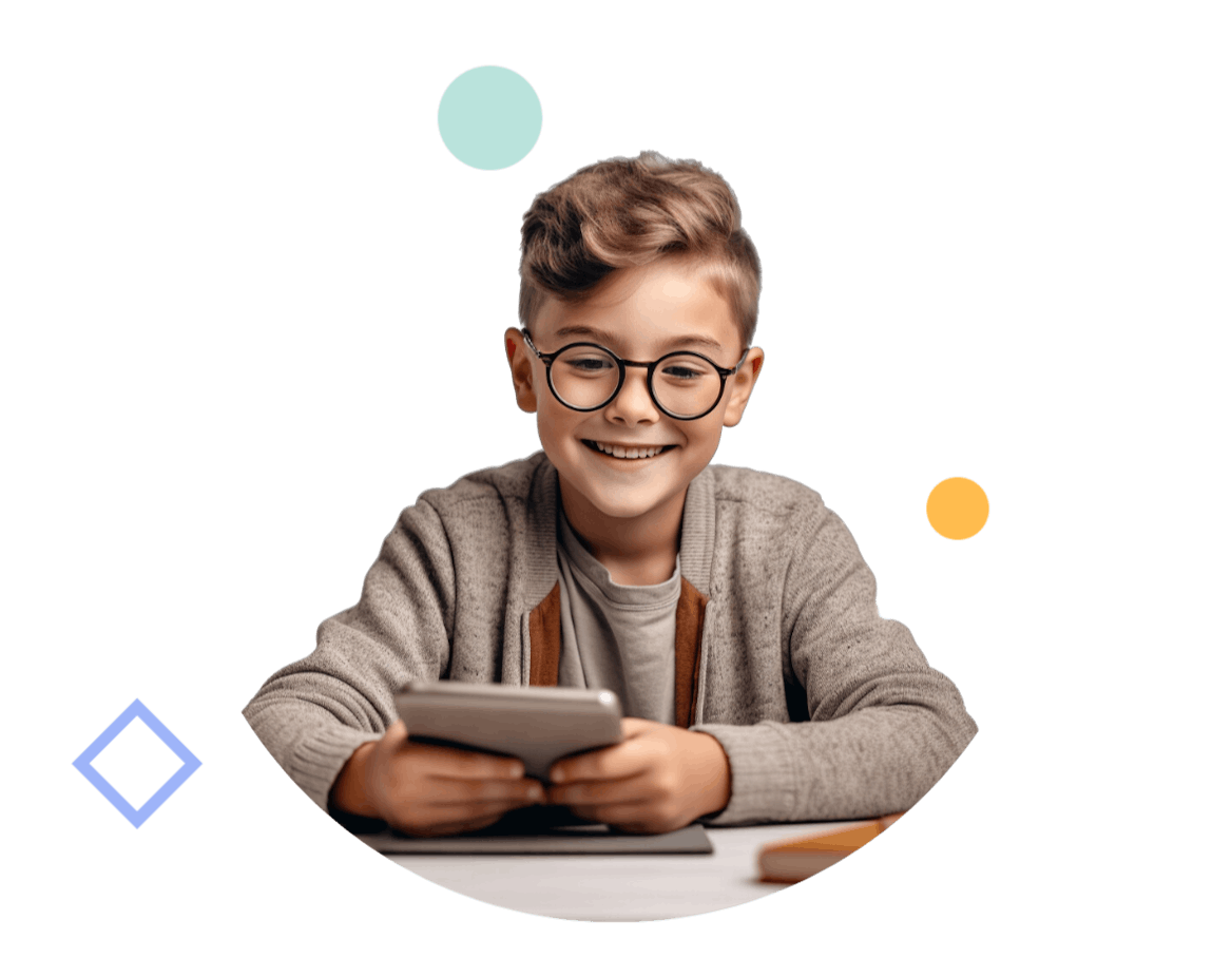 an image of a happy school-aged child reading on a tablet an image of a happy school-aged child reading on a tablet