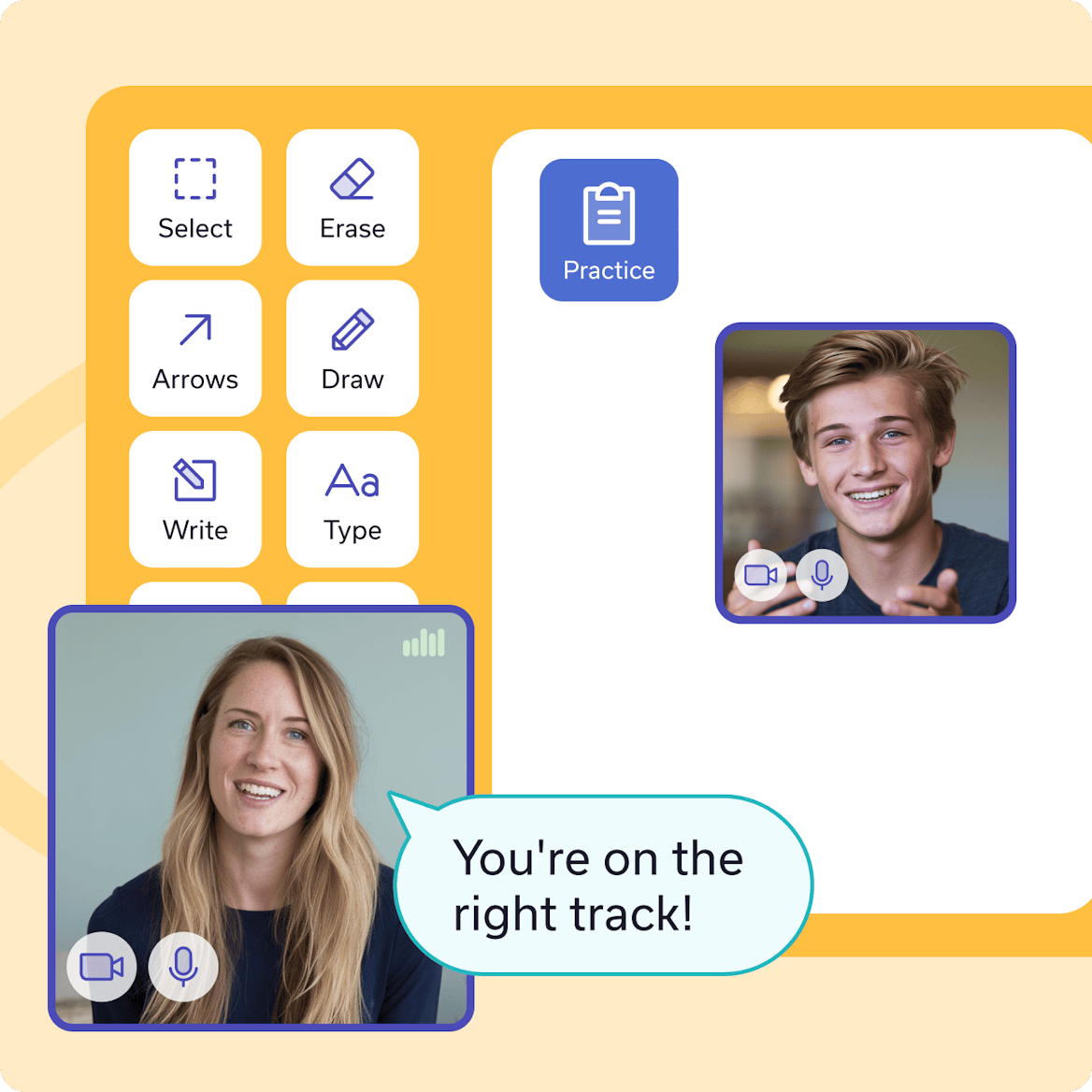 Live learning platform interface with video , interactive tools like draw, erase, and write, and a supportive message bubble saying 'You're on the right track!' Live learning platform interface with video , interactive tools like draw, erase, and write, and a supportive message bubble saying 'You're on the right track!'