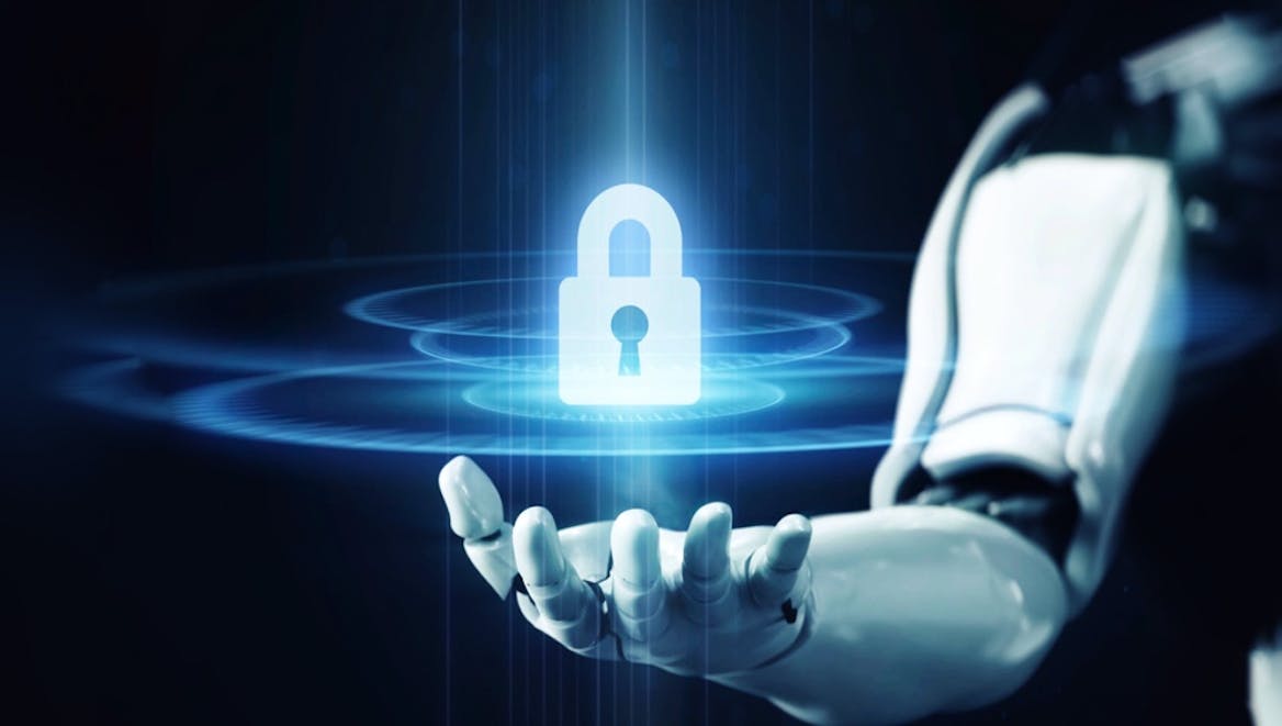 Robot arm holding holographic lock icon Robot arm holding holographic lock icon